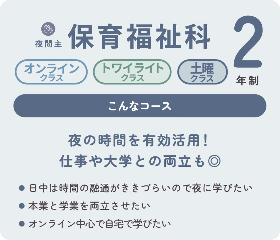 夜間主、保育福祉科2年制。トワイライトクラス、土曜クラス。こんなコース、夜の時間を有効活用。仕事や大学との両立もできる。日中は時間の融通がききづらいので夜に学びたい。本業と学業を両立させたい。今の仕事を継続したい。